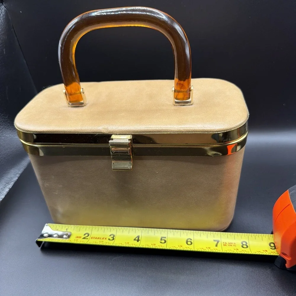 Vintage 1950's Camel Colored Florida Box Purse w/ Amber Lucite Handle MCM